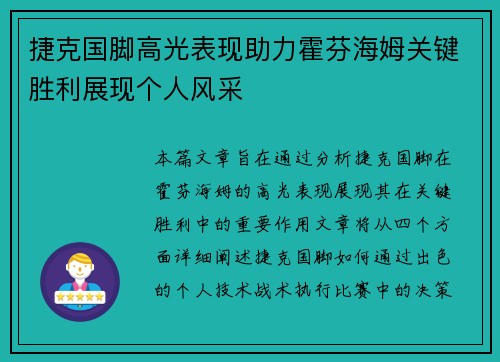 捷克国脚高光表现助力霍芬海姆关键胜利展现个人风采 捷克国脚高光表现助力霍芬海姆关键胜利展现个人风采