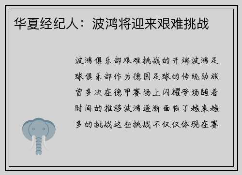 华夏经纪人：波鸿将迎来艰难挑战