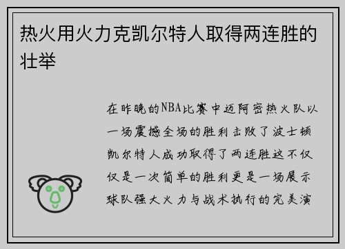 热火用火力克凯尔特人取得两连胜的壮举