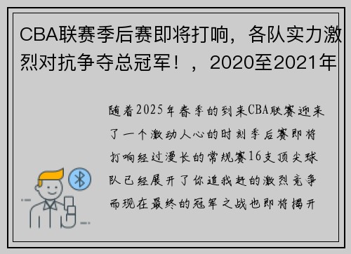 CBA联赛季后赛即将打响，各队实力激烈对抗争夺总冠军！，2020至2021年cba联赛季后赛