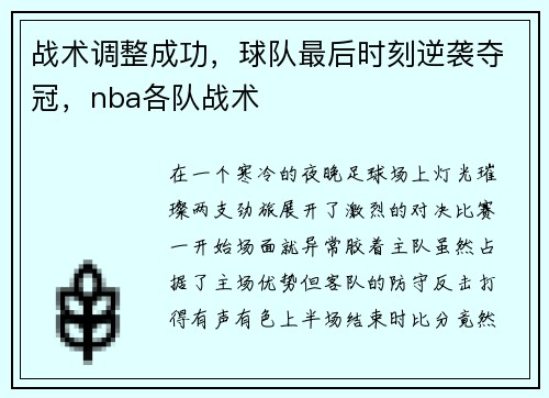 战术调整成功，球队最后时刻逆袭夺冠，nba各队战术